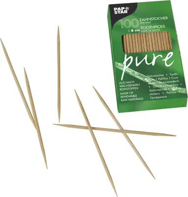 Produktbild von PAPSTAR Zahnstocher "pure" aus Holz, rund, 8 cm | Faltschachtel (100 Stück)