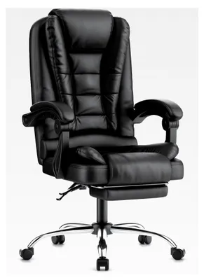 Produktbild von Bürostuhl mit Fußstütze, ergonomischer Schreibtischstuhl aus Kunstleder, Computerstuhl mit gepolsterten Armlehnen und weicher Kopfstütze, Neigungsfunktion, höhenverstellbar, Chefsessel, Schwarz