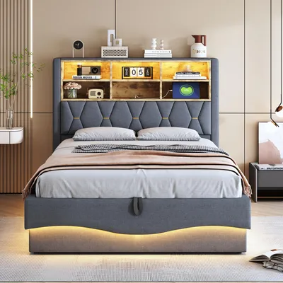 Produktbild von Merax Polsterbett aus Leinen 140x200cm mit LED-Beleuchtung, USB-Anschluss, Doppelbett mit Hydraulischem Stauraum und Metallrahmen, Grau