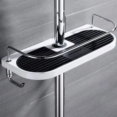 Image de Unyqoos® Étagère de douche sans perçage – Étagère de douche réglable en hauteur pour salle de bain, 28 x 12 x 9 cm, 2 crochets, étagère perforée, blanc/noir, boîtier AB