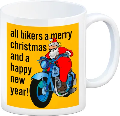 Produktbild von Weihnachten Biker Kaffeebecher mit Weihnachtsmann auf Motorrad in orange