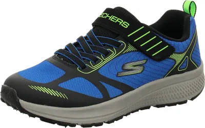 A single blue and black Skechers running shoe is shown against a white background.