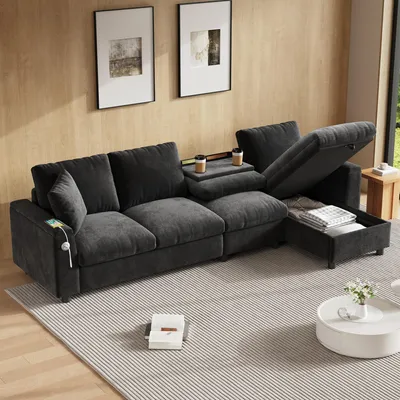 Image de MODFU Canapé d’Angle 4 Places Modulable - Avec Lit Intégré, Table Relevable et Accoudoirs de Rangement, Confort Chenille - Gris