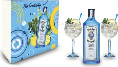 Produktbild von Bombay Sapphire Geschenkset - London Dry Gin 0,7l 700ml (40% Vol) + 2x Stirrer + 2er Set Ballon Glas