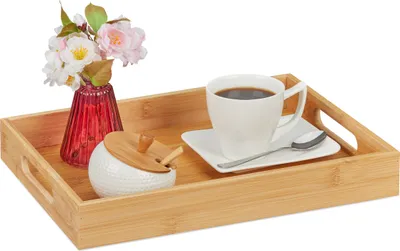 Immagine prodotto di Vassoio Relaxdays in bambù, L x P x A: 5 x 34,5 x 25 cm, vassoio da portata con manici, bordo alto, vassoio da cucina rettangolare, colore naturale