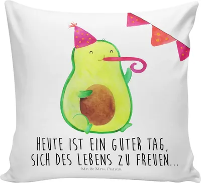 Produktbild von Mr. & Mrs. Panda zier kissen Avocado Party - Weiß - Geschenk, Geburtstag, Avocados, bedruckt, Happy Birthday, wurfkissen, Deko, couch, Polster