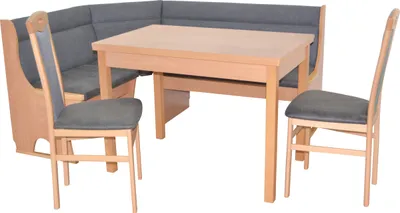 A dining set consisting of a corner bench, a table, and two chairs, presented on a white background.