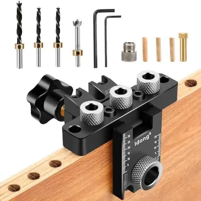 Produktbild von 3-in-1 Bohrschablone für Möbelbau mit Positionierungsclip und einstellbarer Bohrführung