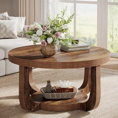 Image de Table d'appoint ronde, table basse à 2 niveaux avec espace de rangement, 80 cm, couleur marron rustique