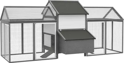 Zdjęcie produktu dla Drewniany kurnik PawHut, kurnik dla drobiu z gniazdem, podwójny kojec z tacką, wybieg z rampą, kurnik dla kurczaków, 247 x 125 x 113,5 cm, szary