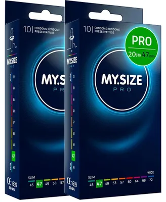 Produktbild von 20 Stück MY.SIZE PRO 47mm ELITE Kondome, extra schlank, hochgradig reines Vytex Latex für wenig Geruch, super leicht zu öffnen und abzurollen