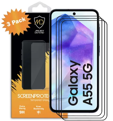 Productafbeelding van 3-Pack MobyDefend Screenprotectors - Geschikt voor  Samsung Galaxy A55  -  Screensavers Met Zwarte Randen - Gehard Glas