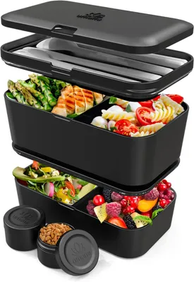 Produktbild von Bento Lunchbox 4 Fächer, mit Besteck und 2 Soßendosen, mikrowellengeeignet, für Arbeit