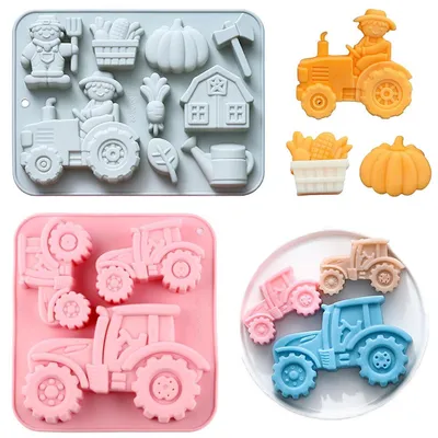 Immagine prodotto di Set da 2 stampi in silicone a forma di trattore, tridimensionali, con rivestimento antiaderente, colore blu e rosa