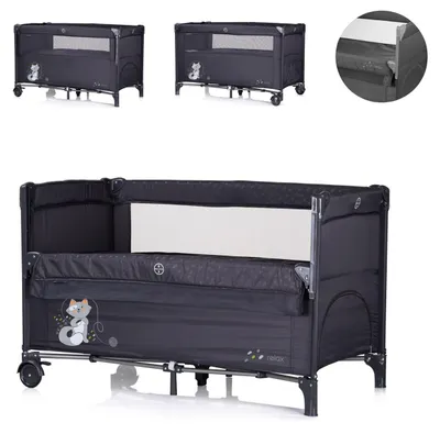 Zdjęcie produktu dla Łóżeczko turystyczne Chipolino Relax 2 poziomy, opuszczany przód, boczne wejście, torba czarno-szara