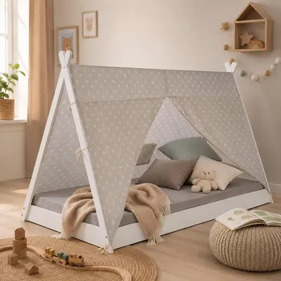 Produktbild von Homestyle4u Kinderbett 90x200 mit Matratze mit  Standard 100 mit Lattenrost Tipi Hausbett Weiß