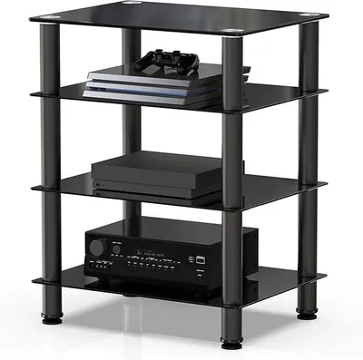 Obrázek produktu pro Hifi stojan ze skla a hliníku, regál na gramofony s výškově nastavitelné policí a nastavitelnými nožkami, vhodný pro gramofony, stereo systémy a kompaktní audio zařízení, rozměry 600x455x770 mm, model AS406001GB