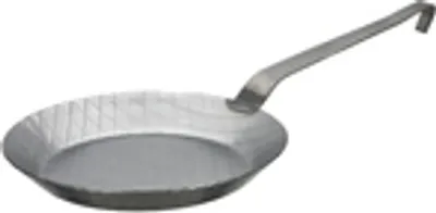 A single, traditional cast iron frying pan with a long handle is shown against a white background.