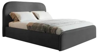 Productafbeelding van Tweepersoonsbed 140x200 cm, model Wendra Slim, met rond hoofdeinde - voorzien van bedlade, metalen lattenbodem, bekleding van fluweelstof in donkergrijs