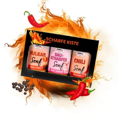 A gift box of three mustards with chili peppers and flames.
