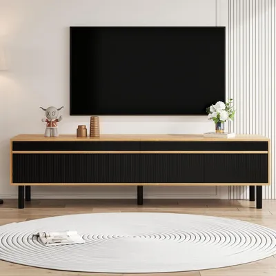 Obrázek produktu pro Nízka televizní komoda s úložným prostorem, rozměry 170x38x47,7 cm, barva černá/imitace přírodního dřeva