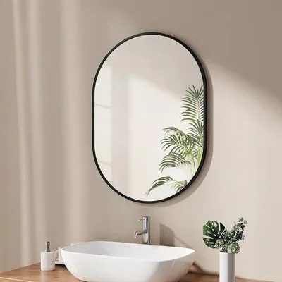 Produktbild von Ovaler Badspiegel 60 x 80 cm mit Schwarzrahmen - Wandspiegel für Bad und Wohnraum - Horizontal/Vertikal Montierbar