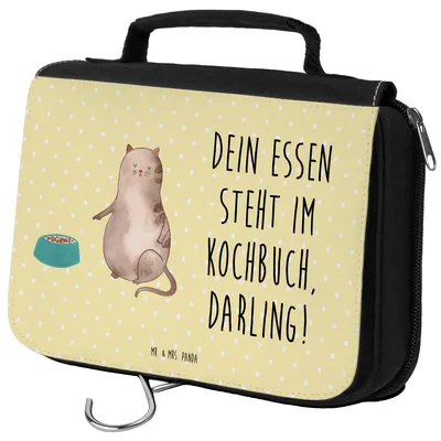 Produktbild von Mr. & Mrs. Panda Kosmetiktasche Katze Fressen - Gelb Pastell - Geschenk, badtasche, Kulturbeutel, Kulturtasche, Necessaire, kosmetiktäschchen