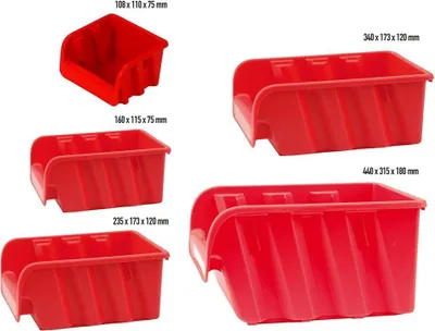 A collage of different sizes of red storage bins with dimensions labeled.