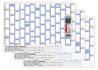 Produktbild von 3 Stück XXL Wandkalender DIN B1 2028 blau, nass abwischbar inkl. Stifteset Format 100 x 70cm Jahresplaner Wandplaner gerollt Neutraler Kalender Feiertage aller Bundesländer