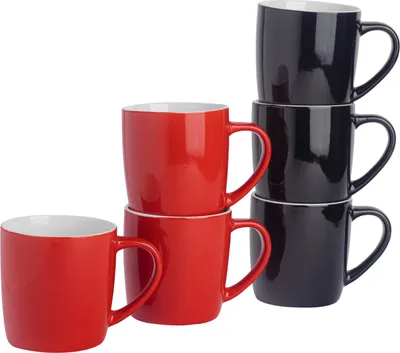 Produktbild von Argon Ta Farbige Kaffeetassen – 350 ml – Rot/Schwarz – 6er-Pack – Robuste Teetasse aus Steingut, spülmaschinen- und mikrowellengeeignet