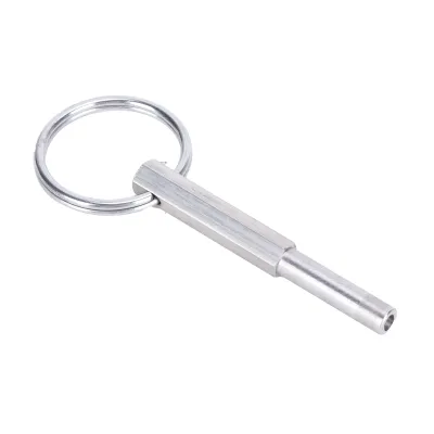 A silver-colored tool with a ring on one end and a hexagonal shaft leading to a cylindrical tip with a hole.