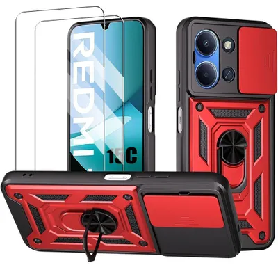 Image de Coque + 2 Verres Trempés pour Xiaomi Redmi 15C 4G/5G, Protection avec Anneau et Cache Caméra Coulissant - Rouge
