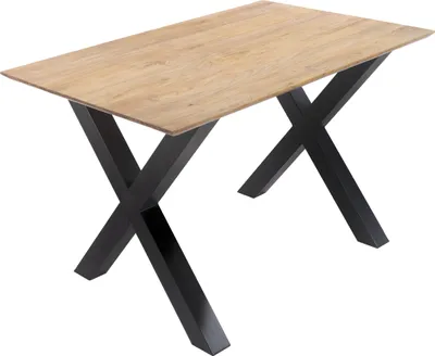 Produktbild von Esstisch 160x85cm Akazie massiv eichenfarben schweizer Kante X-Gestell schwarz DEAN