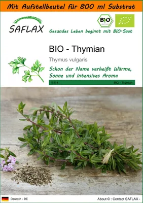 Produktbild von SAFLAX Garden in the bag - BIO - Thymian - Thymus vulgaris - 800 Samen - Mit Anzuchtsubstrat im praktischen, selbst aufstellenden Beutel
