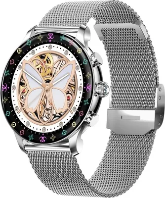 A close-up studio shot of a smartwatch with a butterfly design on the face.
