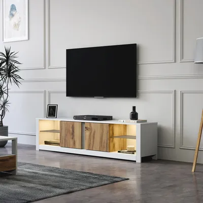 Image de Skye Decor, Aydos - Blanc, Chêne, Meuble TV, Blanc, PANNEAUX DE PARTICULES 100 % MÉLAMINÉS, 35 x 180 x 45 cm