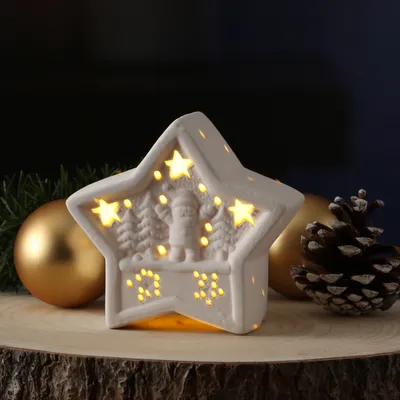 LED Dekostern NIKOLAUS - Keramik - weihnachtliches Motiv - H: 10,5cm - Batterie - weiß