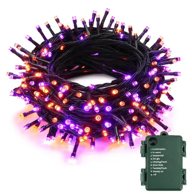 Zdjęcie produktu dla Światełka Halloween, pomarańczowe i fioletowe - 10 metrów, 100 diod LED, idealne do dekoracji wnętrz, zasilane bateriami, 8 trybów świecenia