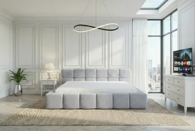 Produktbild von Polsterbett mit Bettkasten BAHRA / LAMBI 10 Hellgrau / Schlaffläche 180 cm x 200 cm/ Metallrahmen / Bett mit gepolstertem Kopfteil/ Bouclé, KI-generiertes Bild