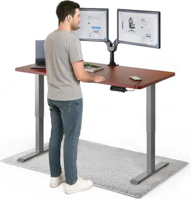 Produktbild von DESKSPACE PRO Elektrisch höhenverstellbarer Schreibtisch – 140x70 cm Memory & Kollisionsschutz, Computertisch Mahagoni Tischplatte / Graue Gestell