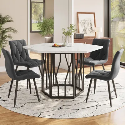 Image de Sweiko table et chaises (set de 5 pièces), table de salle à manger moderne hexagonale en marbre + 4 chaises de salle à manger en velours gris pour créer un restaurant chaleureux et moderne