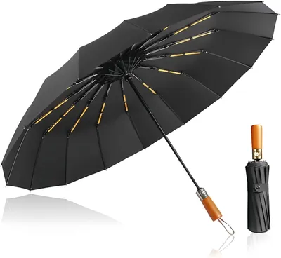 Produktbild von Regenschirm Groß Sturmfest, Regenschirm mit 12 Streben und Holzgriff, Auf-Zu Automatik, Taschenschirm, Anti-UV Reiseschirm, Schwarz