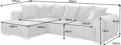 A diagram of a sectional sofa with dimensions indicated by measurement lines and text.