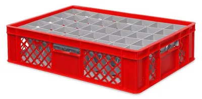 A red plastic crate with gray dividers for glasses, shown from a diagonal angle on a white background.