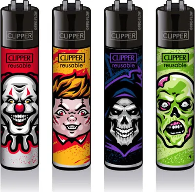 Produktbild von Clipper Reibrad Feuerzeuge Horror, 4 Stück