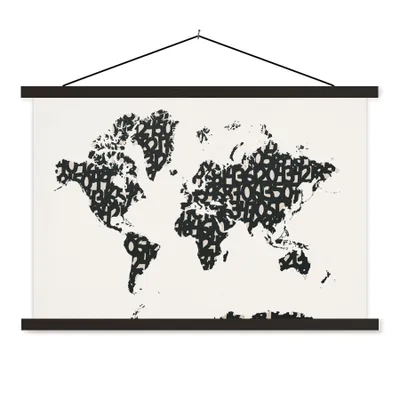 Produktbild von MuchoWow® Textilposter Weltkarte - Zahlen - Weiß 90x60 cm mit schwarzem Rahmen - Aufhängungssatz