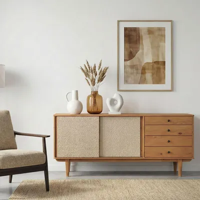 Produktbild von Sideboard SIMONA mit Rattan-Geflecht 175cm, eicheoptik – 4 Schubladen und 2 Schiebetüren, Flurkommode mit Einlegeboden, Wohnzimmer