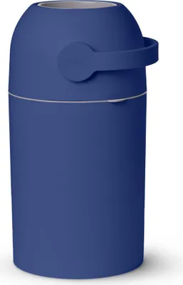 A blue diaper pail with a handle.