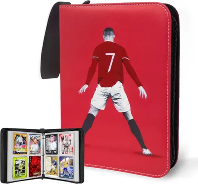 Produktbild von Fußball Karten Sammelalbum 400 Karten Kapazität - 4 Fächer mit 50 Abnehmbaren Seiten, Sport Karten Ordner mit Reißverschluss für Jungen 6-10 Jahre cr7