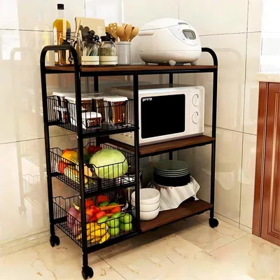 Produktbild von Küchenregal, Mikrowellenregal Küchenschrank Kücheninsel Standregal mit 3 Metallkörben, 73 x 35 x 84 cm